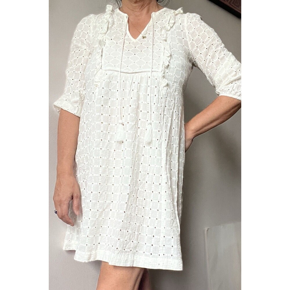 Anthropologie White Eyelet Mini Dress Cover Up Ruffle Trim Boho Cottagecore US 4